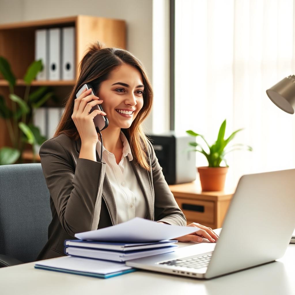 A professional case manager on a phone call at a tidy desk with client intake folders and a laptop