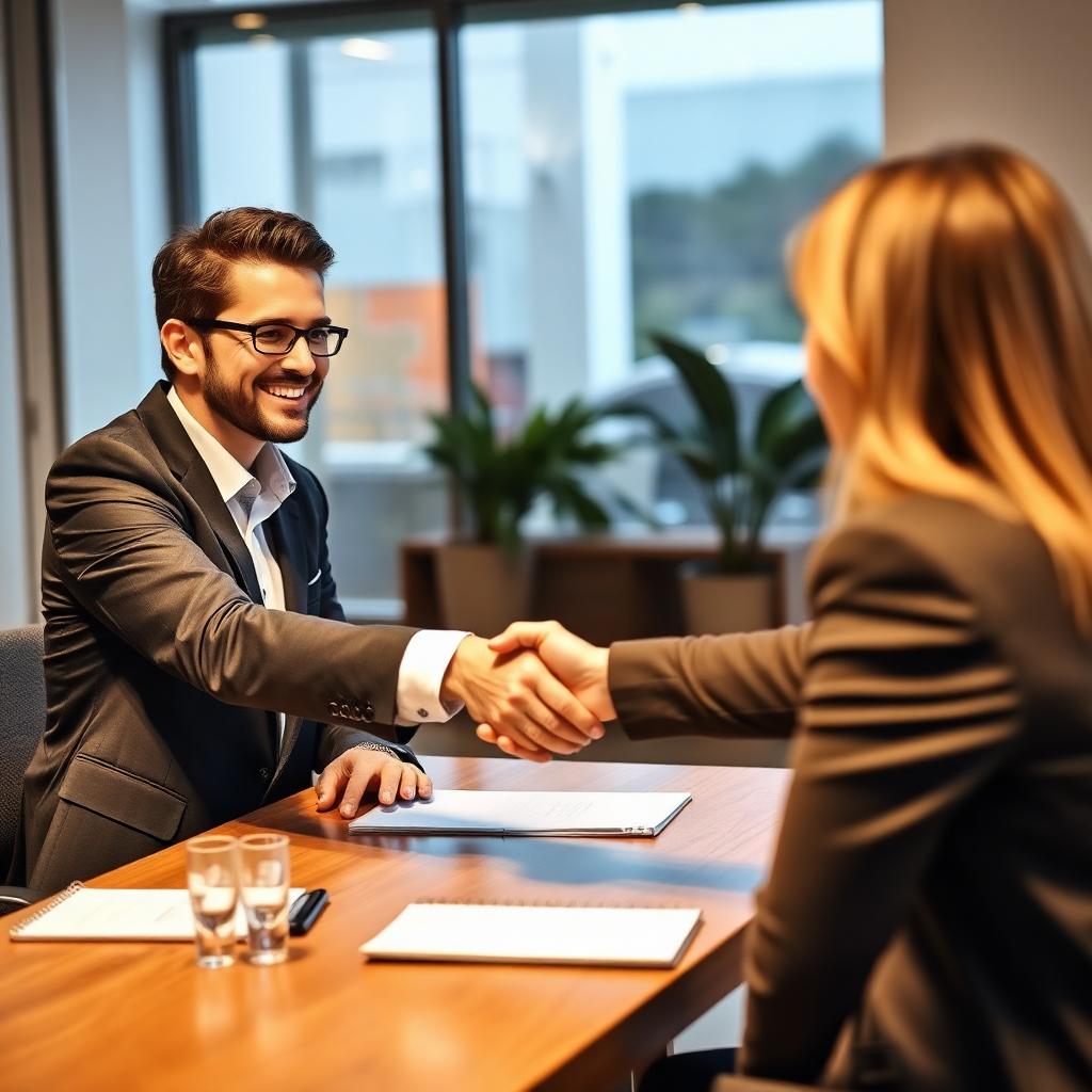 A candidate shaking hands with an interviewer across a desk after a successful job interview