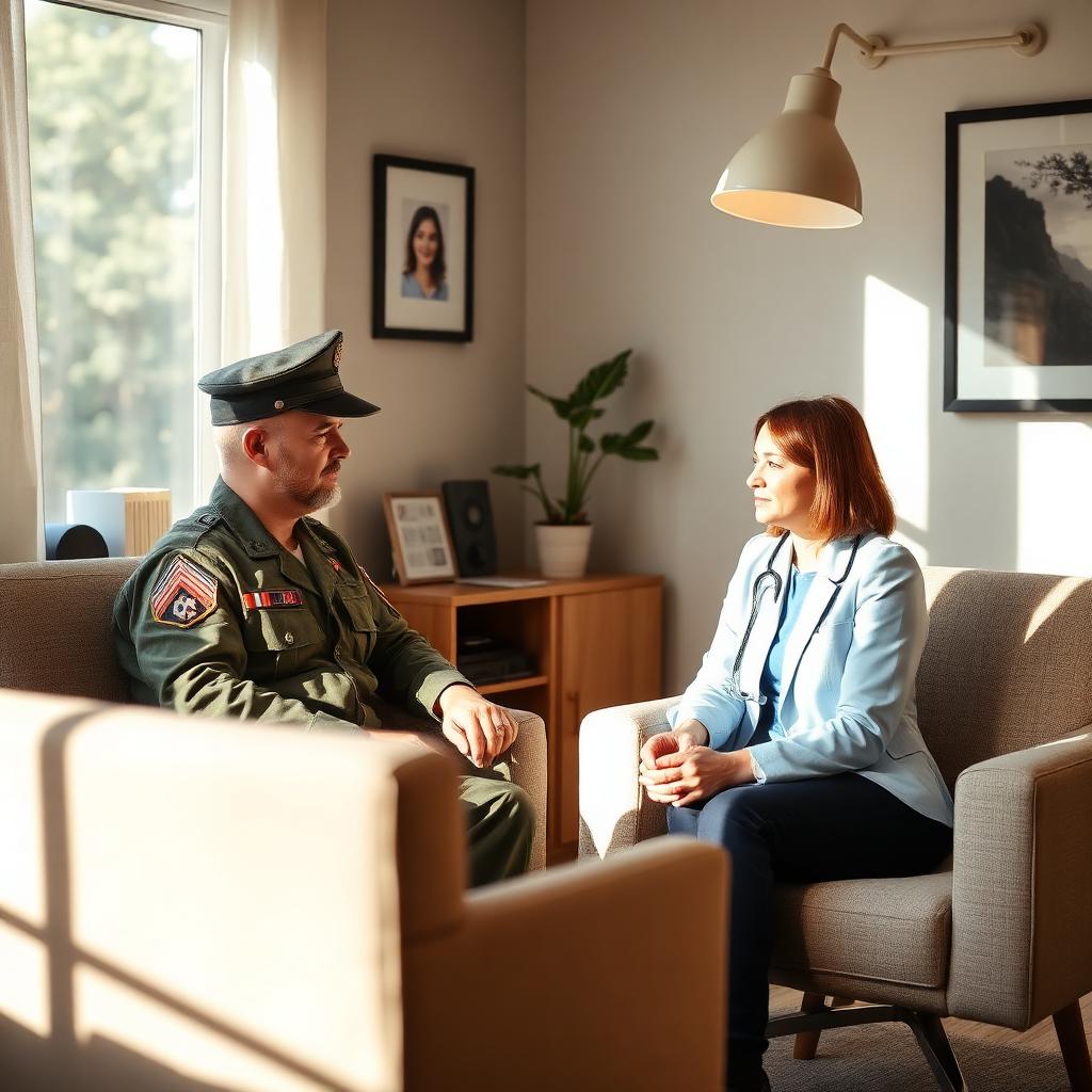 A military veteran in a calm counseling session with a mental health professional in a warm, private office