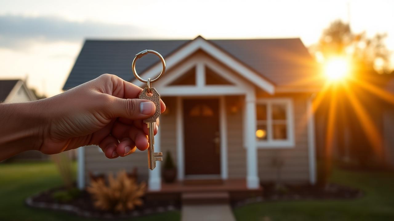 A hand holding a house key in front of a warm, welcoming home at golden hour