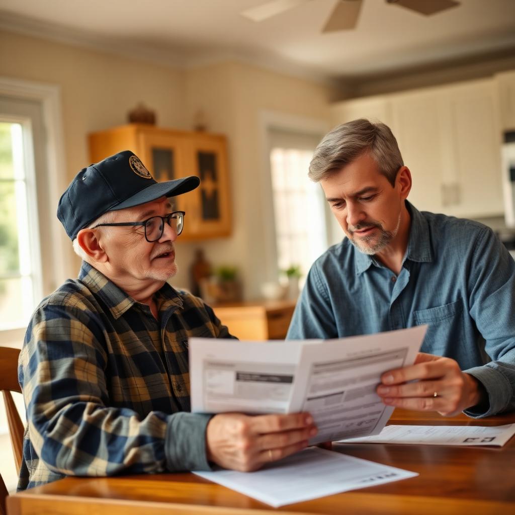 A veteran and a family member reviewing Social Security benefit paperwork together at a kitchen table in warm natural light
