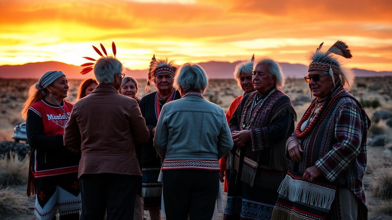 Native American community members and elders gathered together at sunset in the southwestern United States