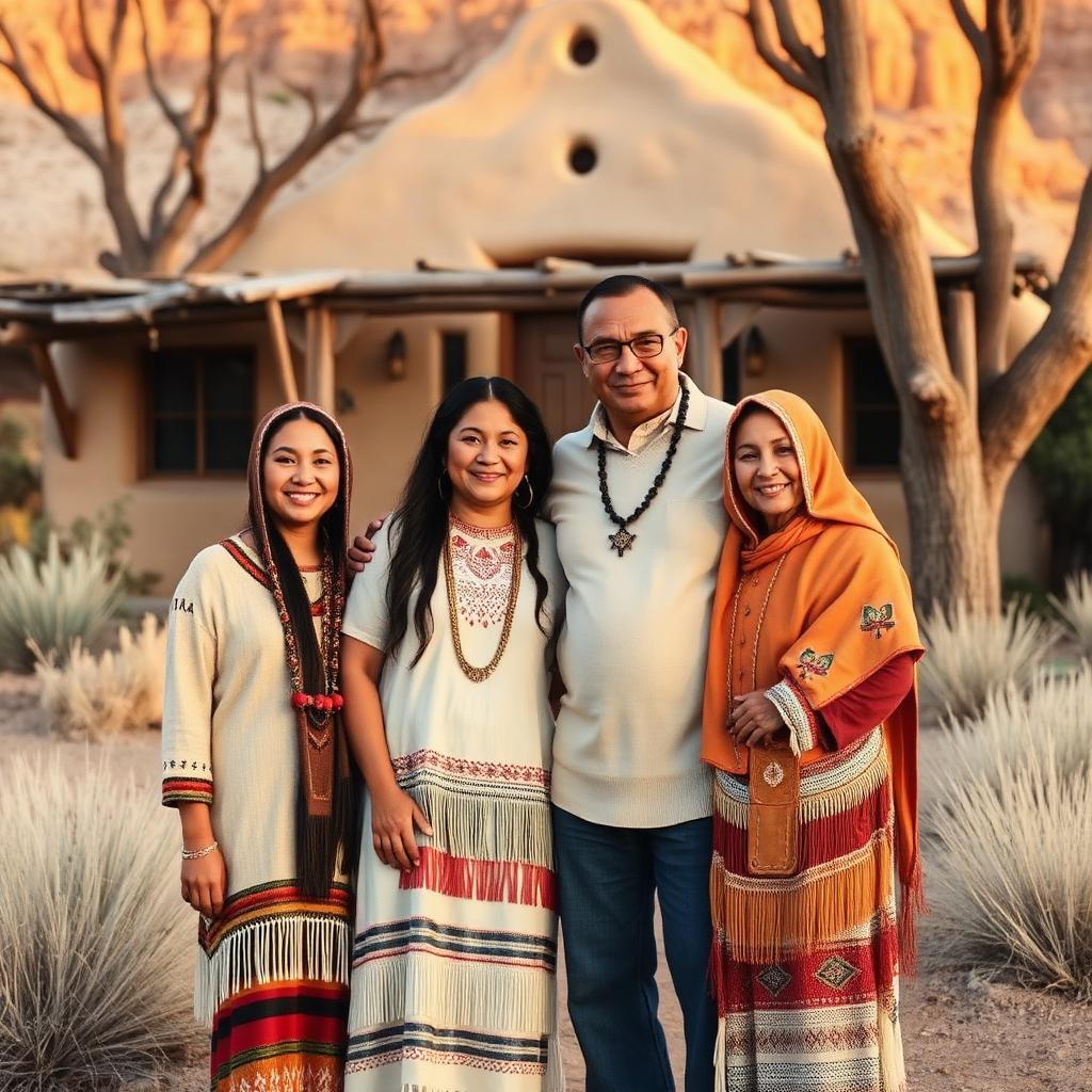 A Native American family standing together in front of their home in the southwestern United States at golden hour