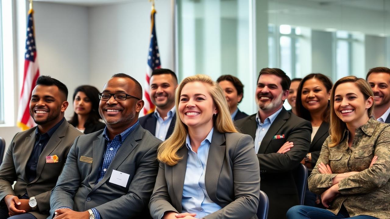 Diverse group of military veterans smiling at a professional career training workshop
